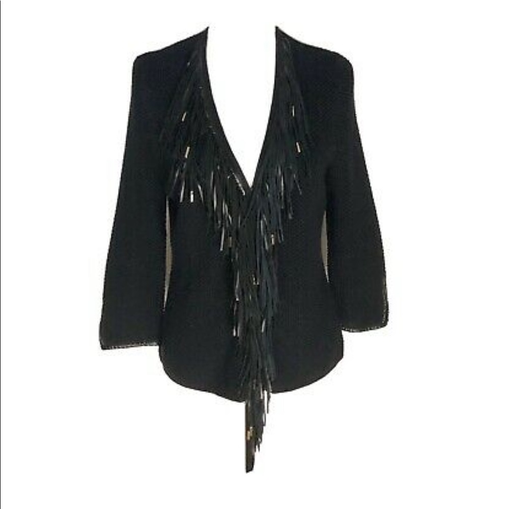 Chicos Black Knit Faux Leather Fringe Cardigan Sweater Size 1